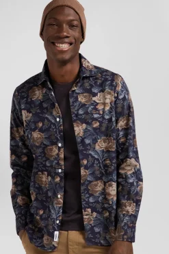 Chemise en flanelle de coton bleu marine imprimé floral coupe Slim