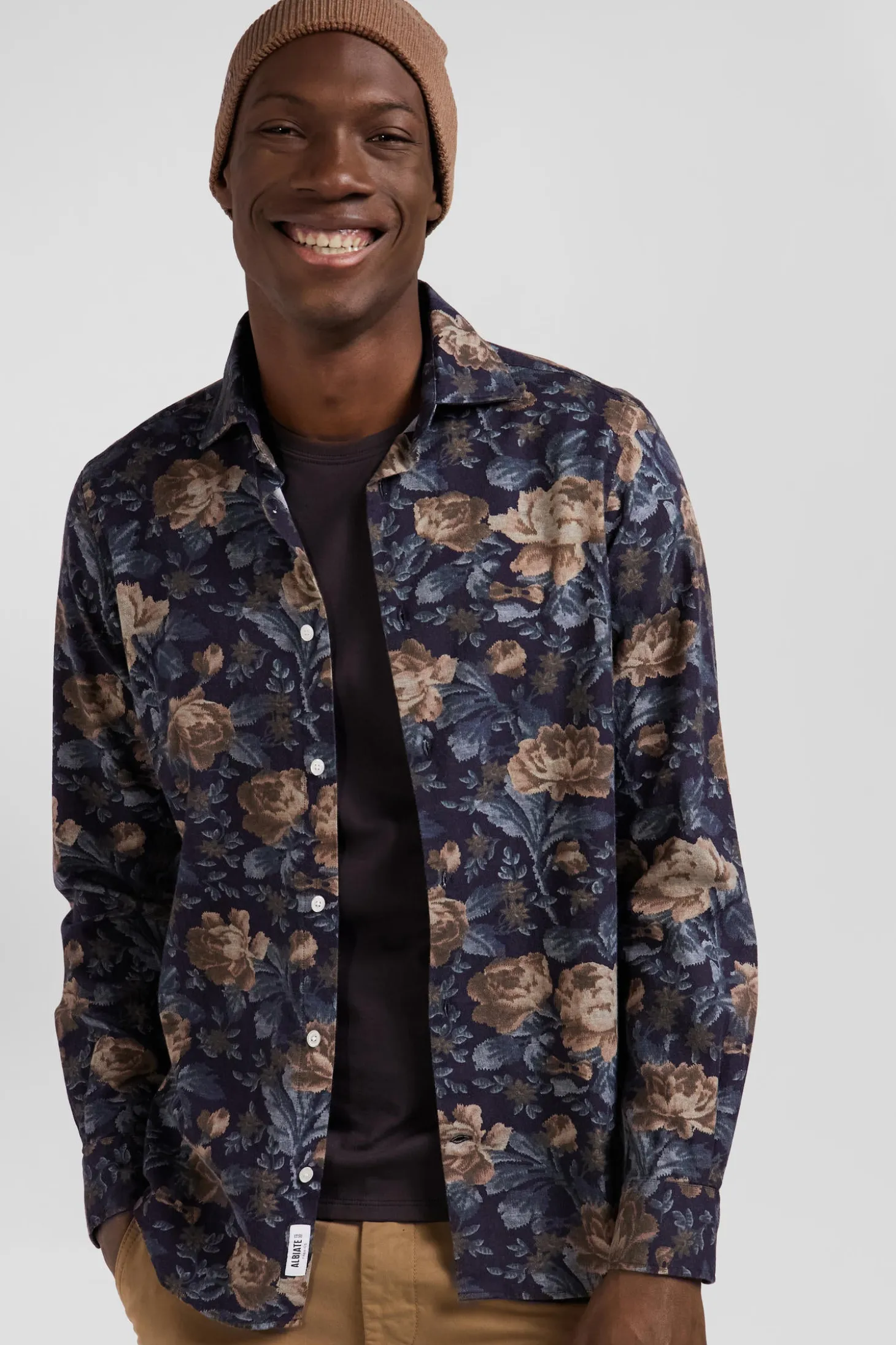Chemise en flanelle de coton bleu marine imprimé floral coupe Slim