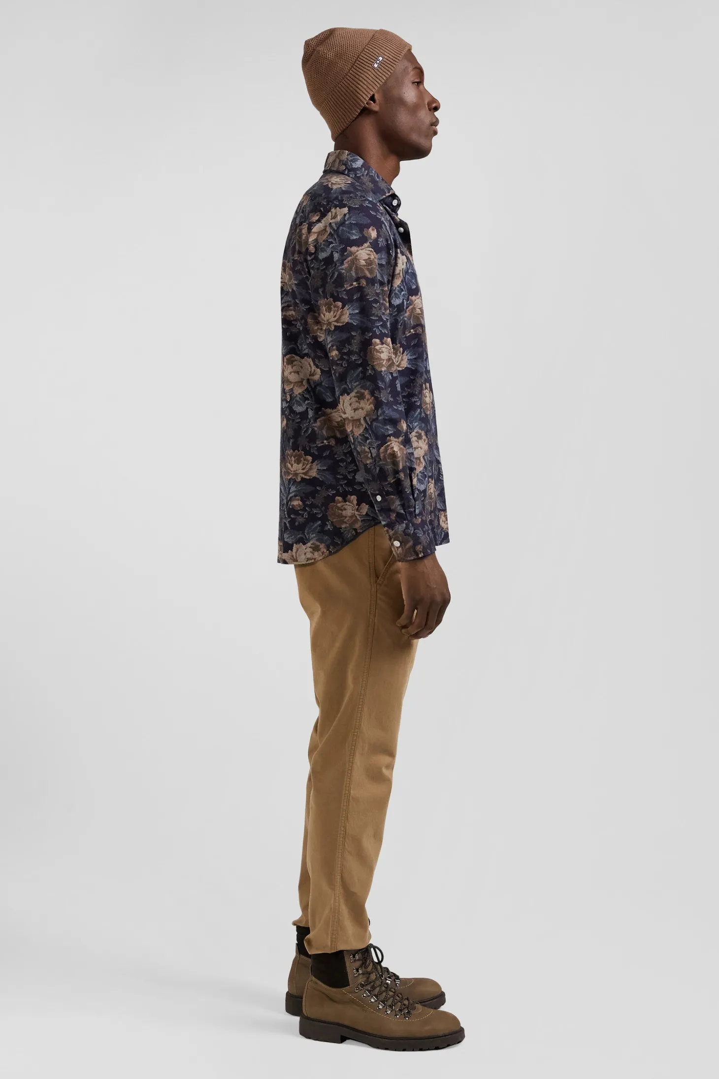 Chemise en flanelle de coton bleu marine imprimé floral coupe Slim