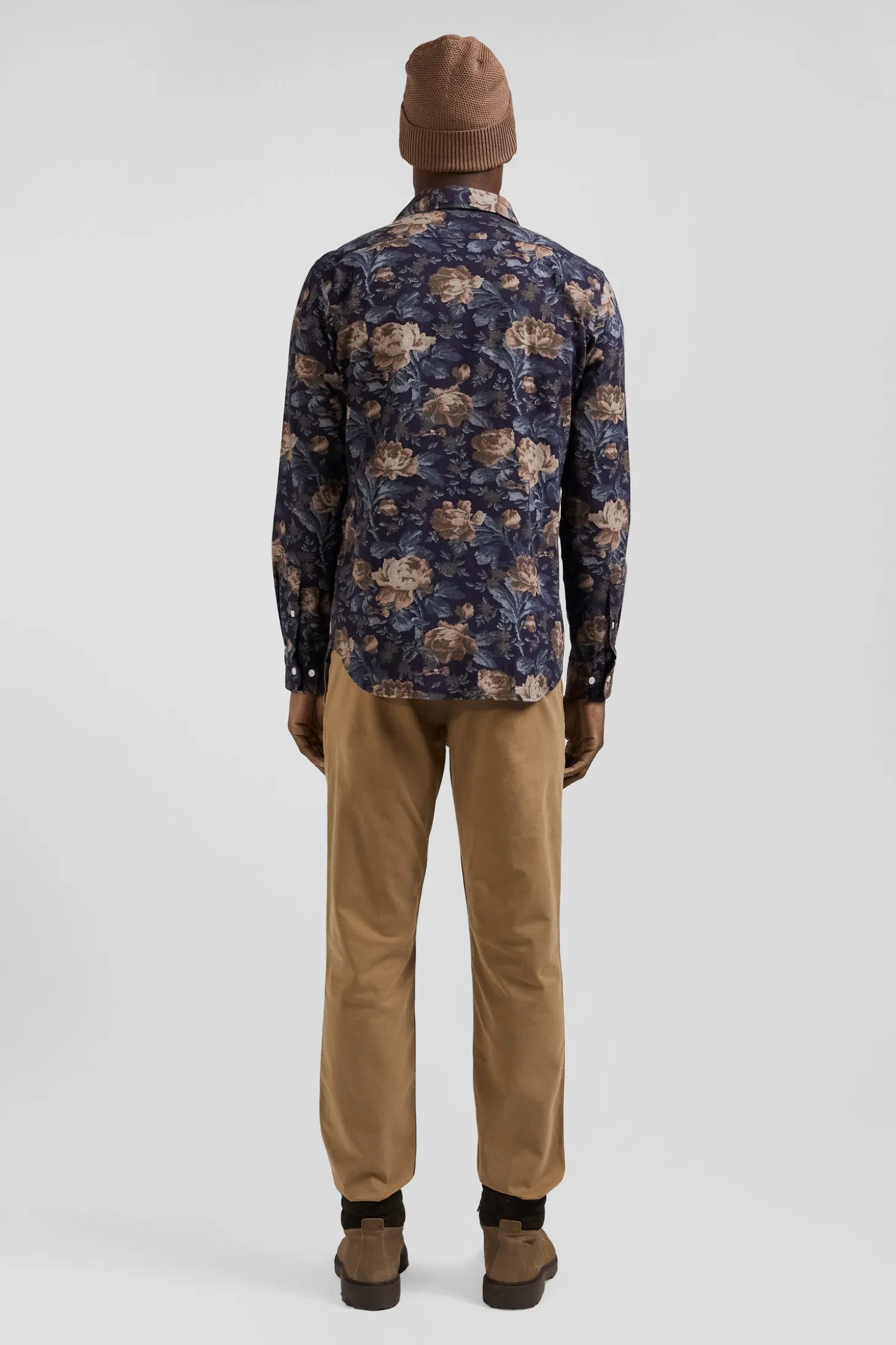 Chemise en flanelle de coton bleu marine imprimé floral coupe Slim