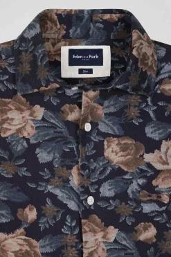 Chemise en flanelle de coton bleu marine imprimé floral coupe Slim