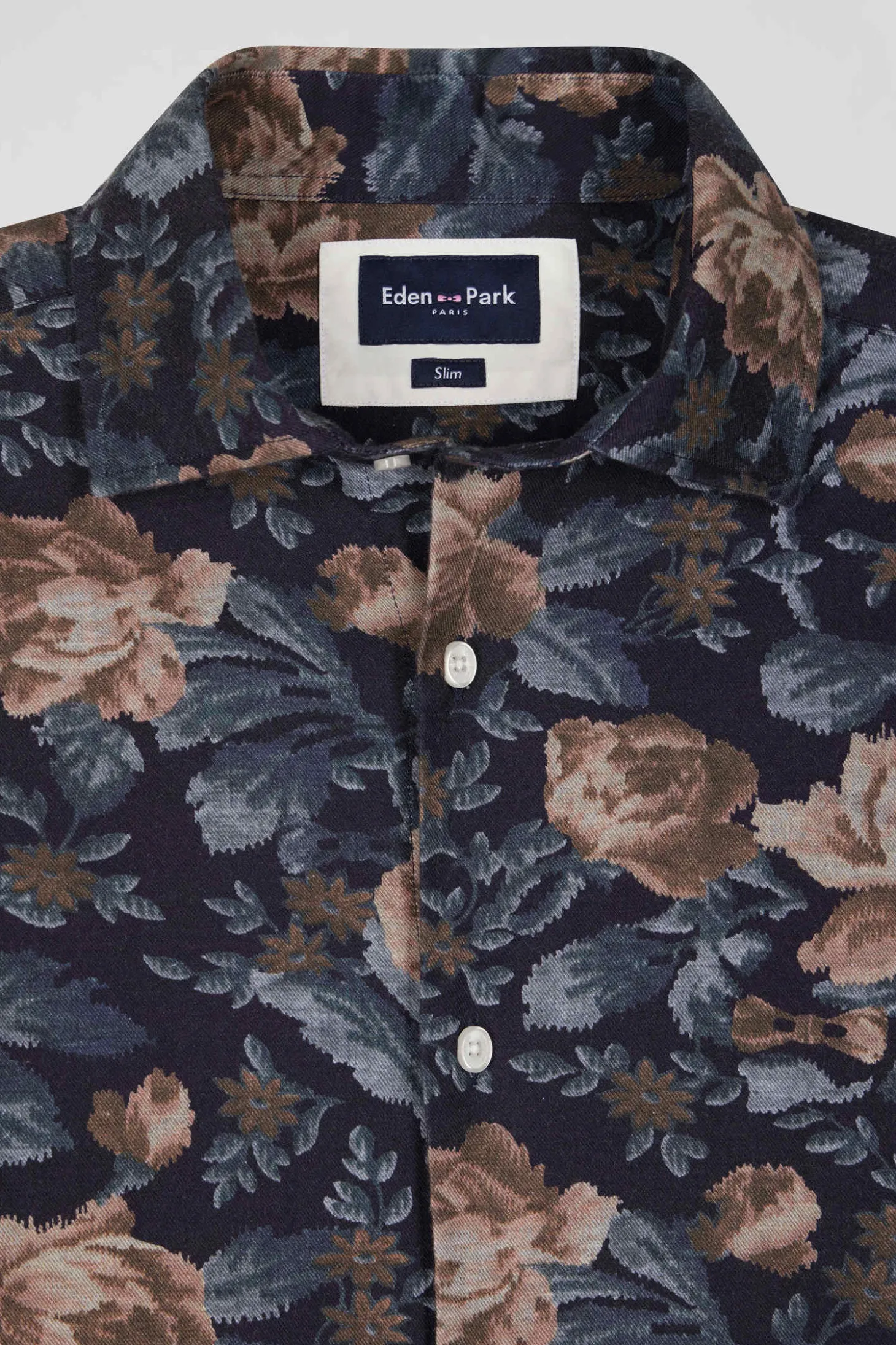 Chemise en flanelle de coton bleu marine imprimé floral coupe Slim