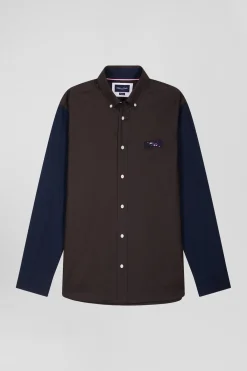 Chemise en oxford de coton marron et marine broderie cerclée N°10 coupe Regular
