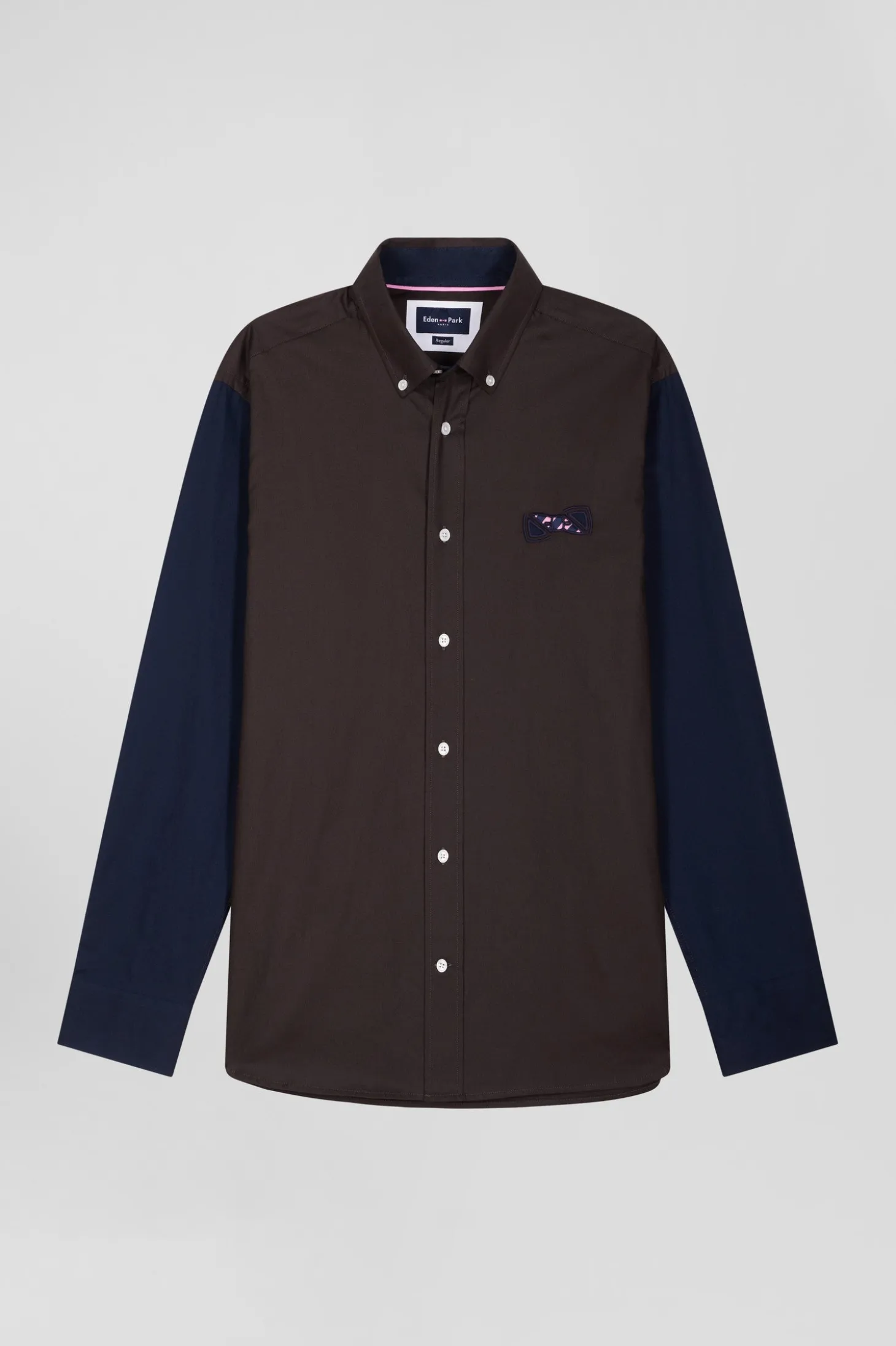 Chemise en oxford de coton marron et marine broderie cerclée N°10 coupe Regular