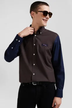 Chemise en oxford de coton marron et marine broderie cerclée N°10 coupe Regular