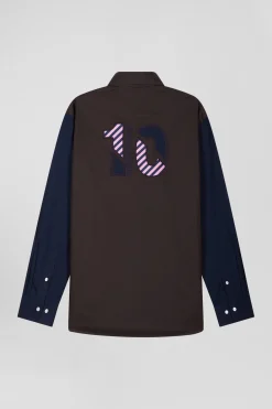 Chemise en oxford de coton marron et marine broderie cerclée N°10 coupe Regular