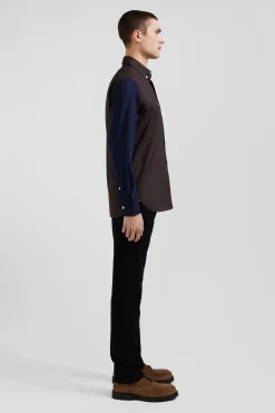 Chemise en oxford de coton marron et marine broderie cerclée N°10 coupe Regular