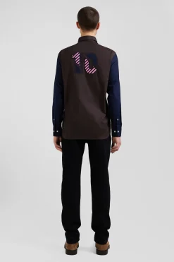 Chemise en oxford de coton marron et marine broderie cerclée N°10 coupe Regular