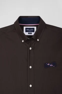 Chemise en oxford de coton marron et marine broderie cerclée N°10 coupe Regular