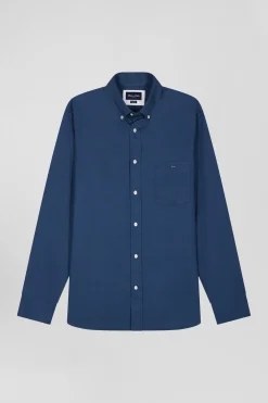 Chemise en piqué coton unie bleue coupe Regular