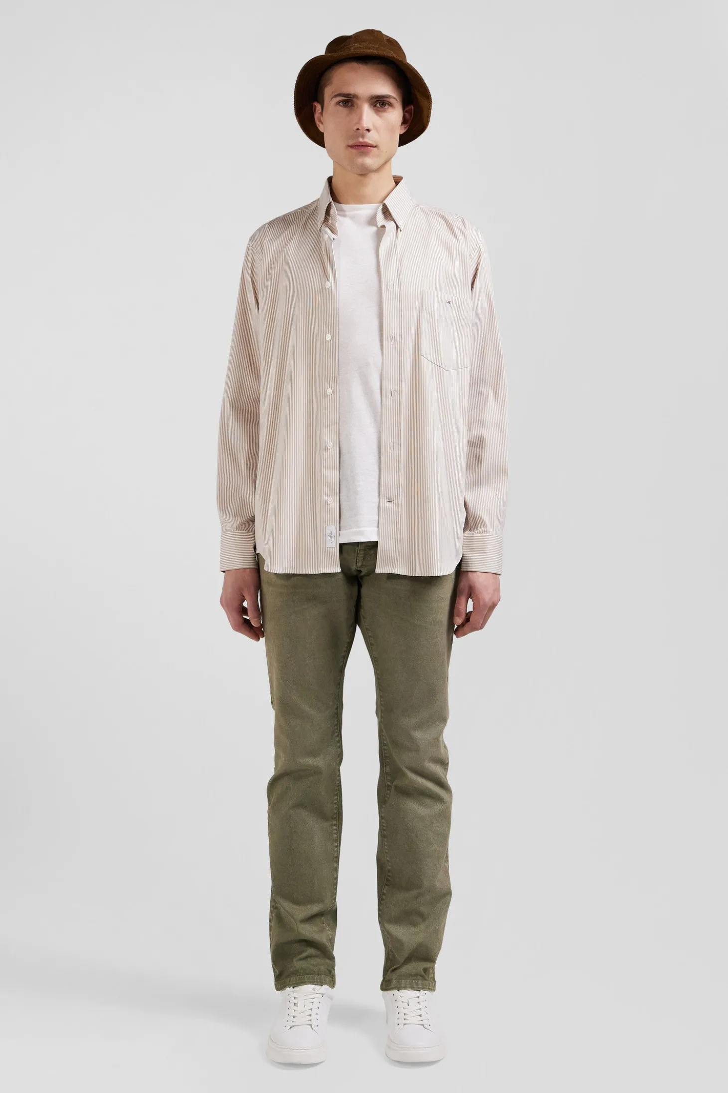 Chemise en popeline de coton beige à rayures bâton coupe Regular