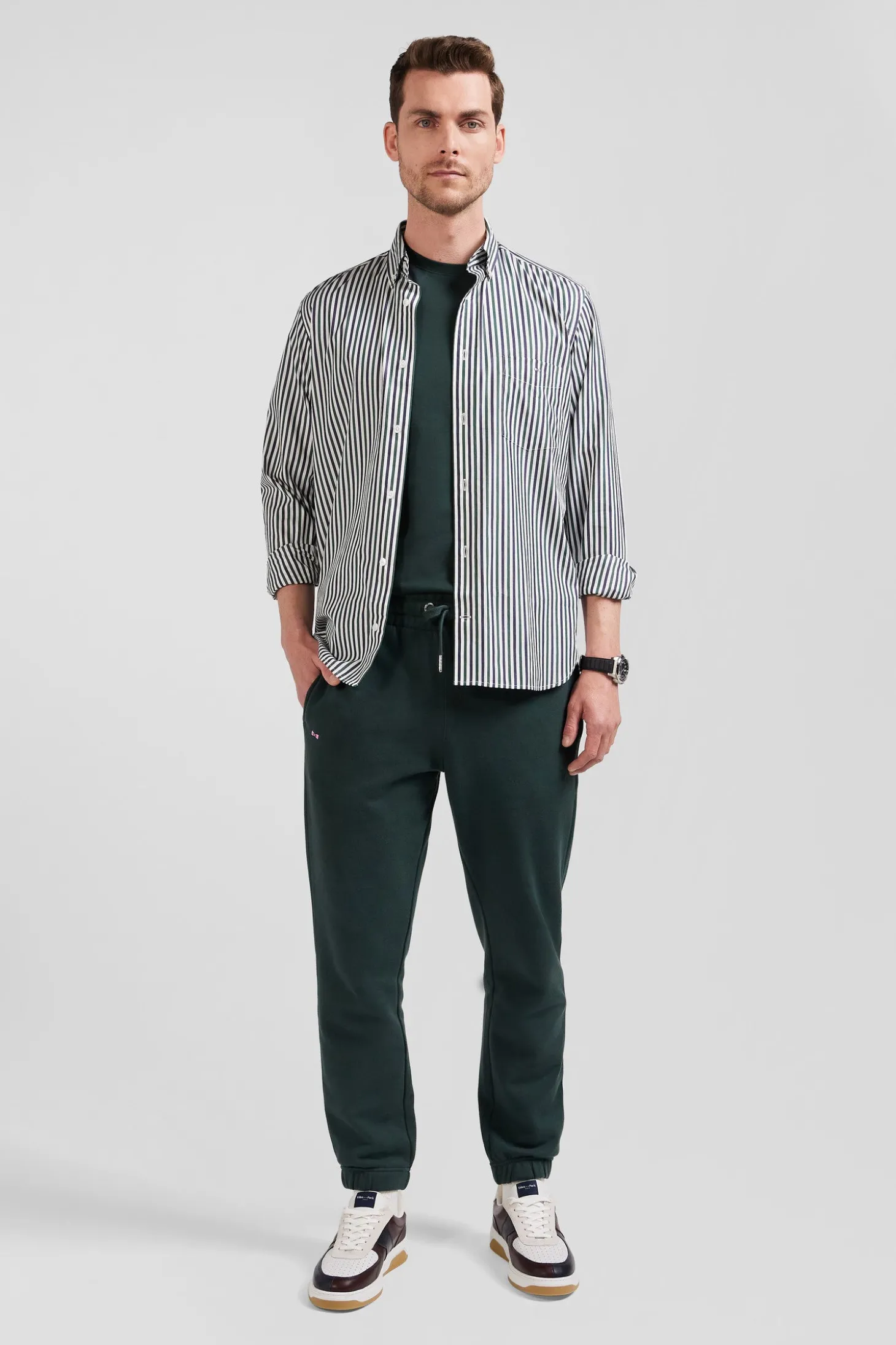 Chemise en popeline de coton à rayures verte coupe Regular