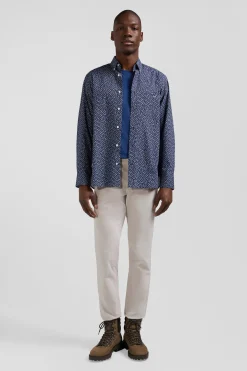 Chemise en popeline de coton bleu marine à microimprimé floral coupe Regular