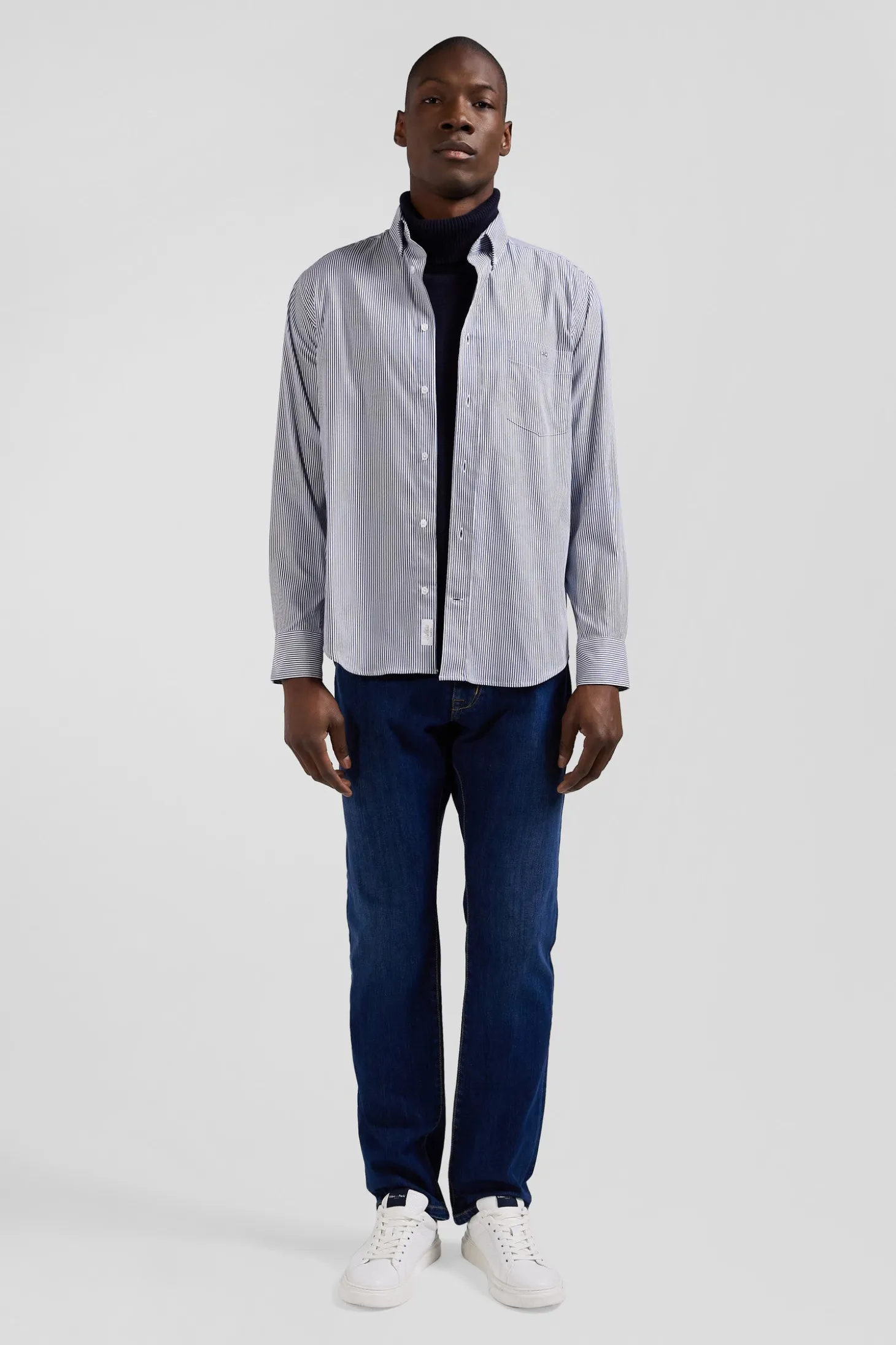 Chemise en popeline de coton bleu marine à rayures bâton coupe Regular