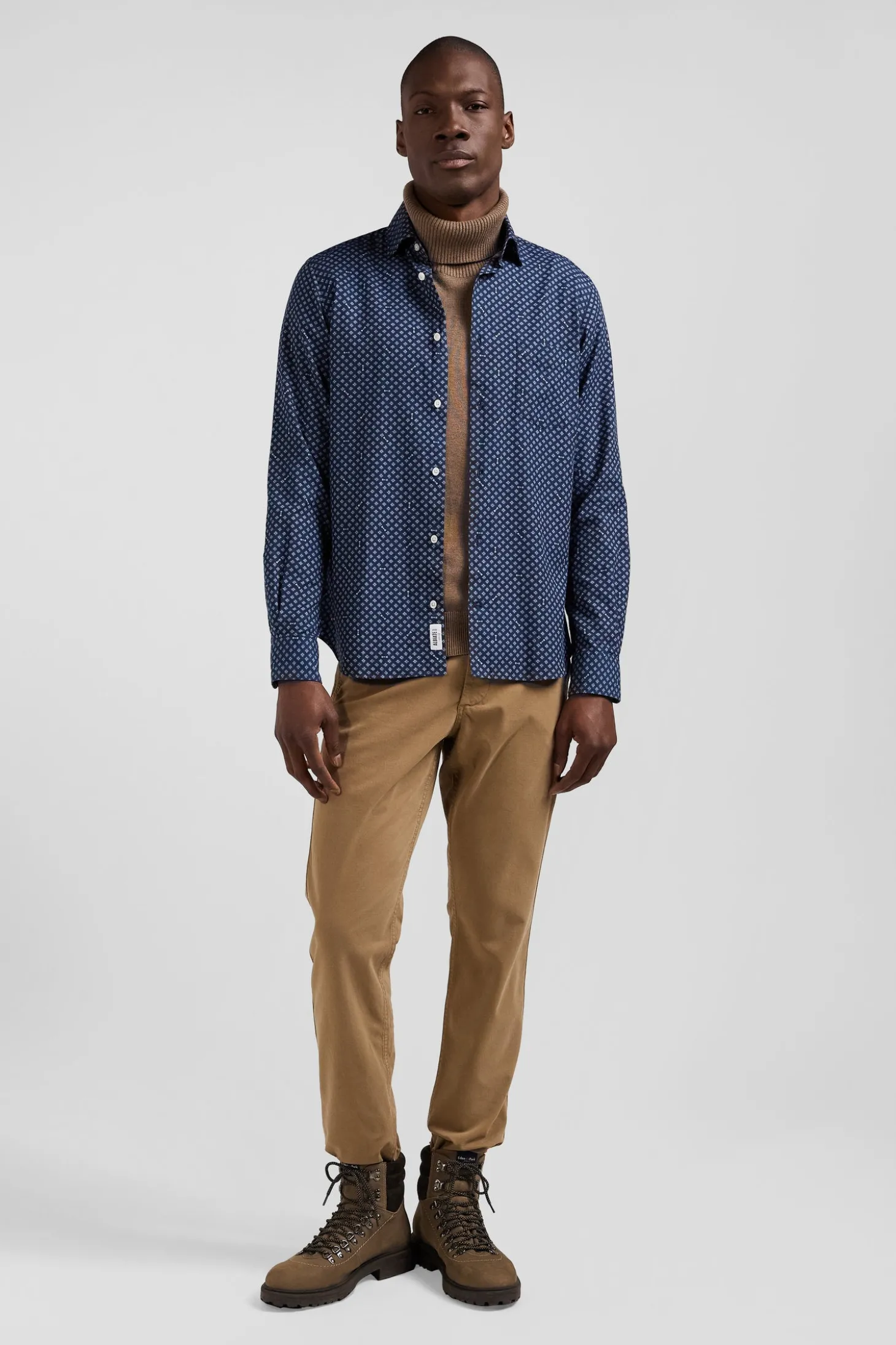 Chemise en popeline de coton indigo imprimé graphique coupe Slim