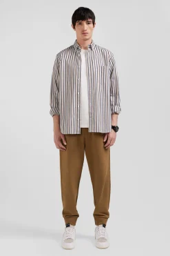 Chemise en popeline de coton rayée grège coupe Regular