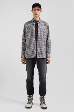 Chemise en popeline de coton marine à carreaux bicolore coupe Regular