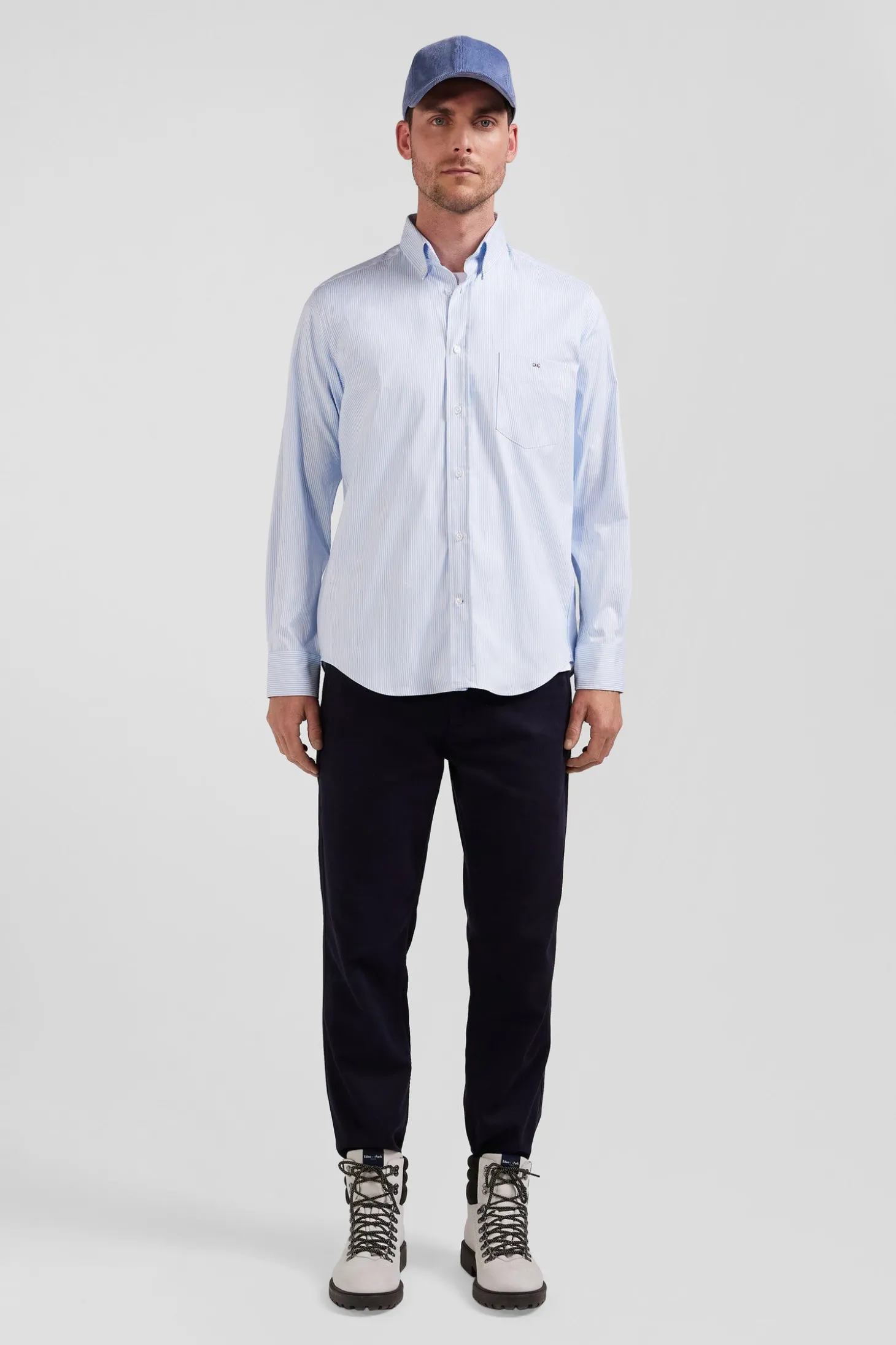 Chemise en popeline de coton bleue à rayures bâton coupe Regular