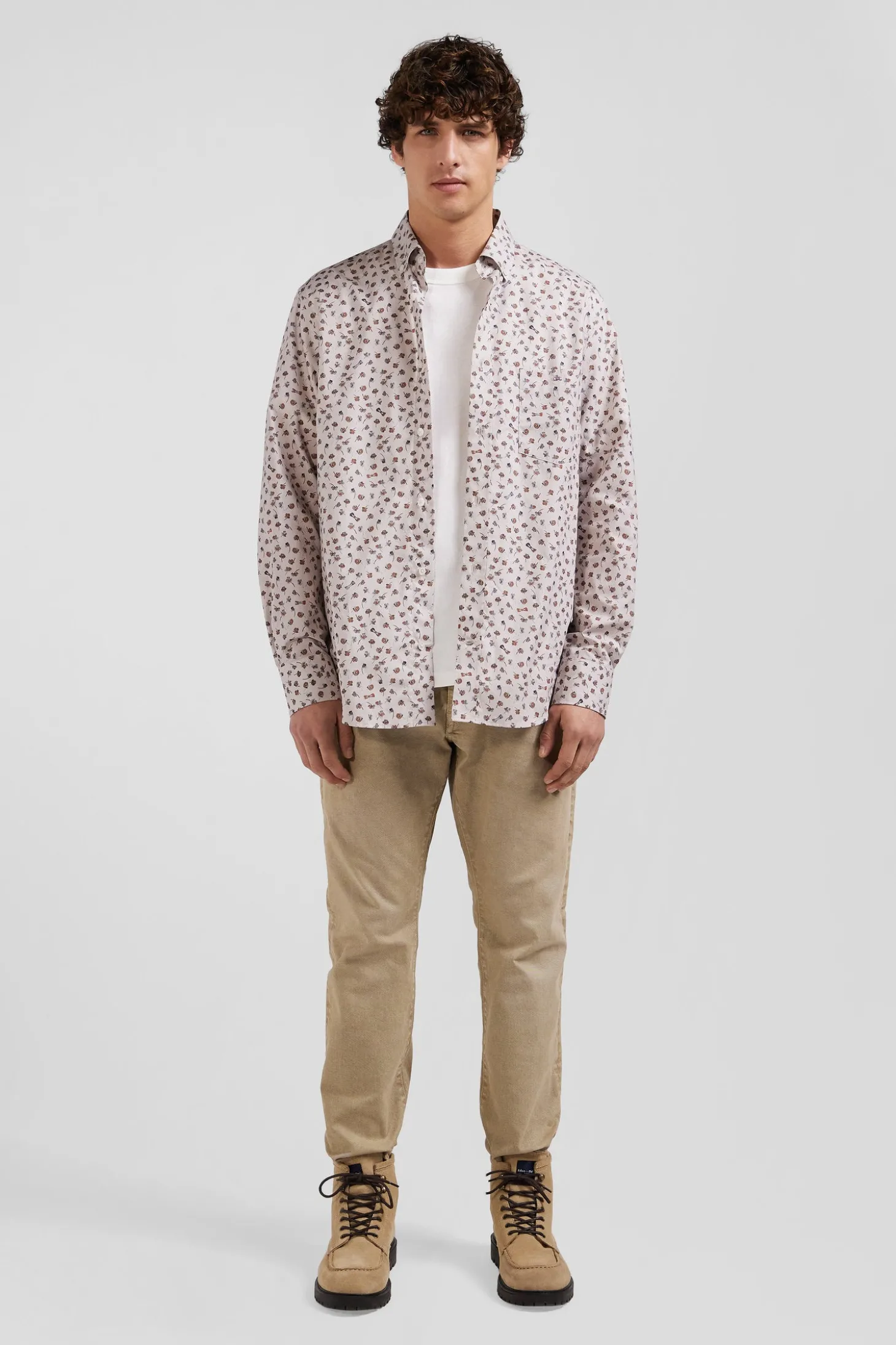 Chemise en popeline de coton beige à microimprimé coupe Regular