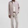 Chemise en popeline de coton grise col boutonné et coudières imprimées coupe Regular