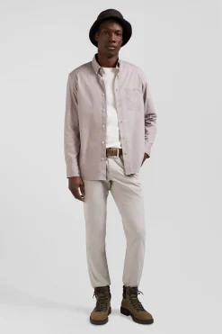 Chemise en popeline de coton grise col boutonné et coudières imprimées coupe Regular