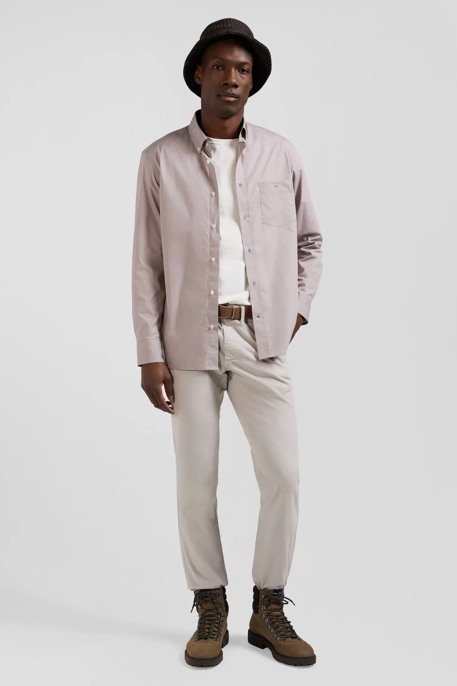 Chemise en popeline de coton grise col boutonné et coudières imprimées coupe Regular