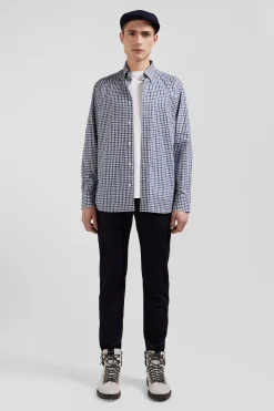 Chemise en popeline de coton bleu marine à carreaux bicolore coupe Regular