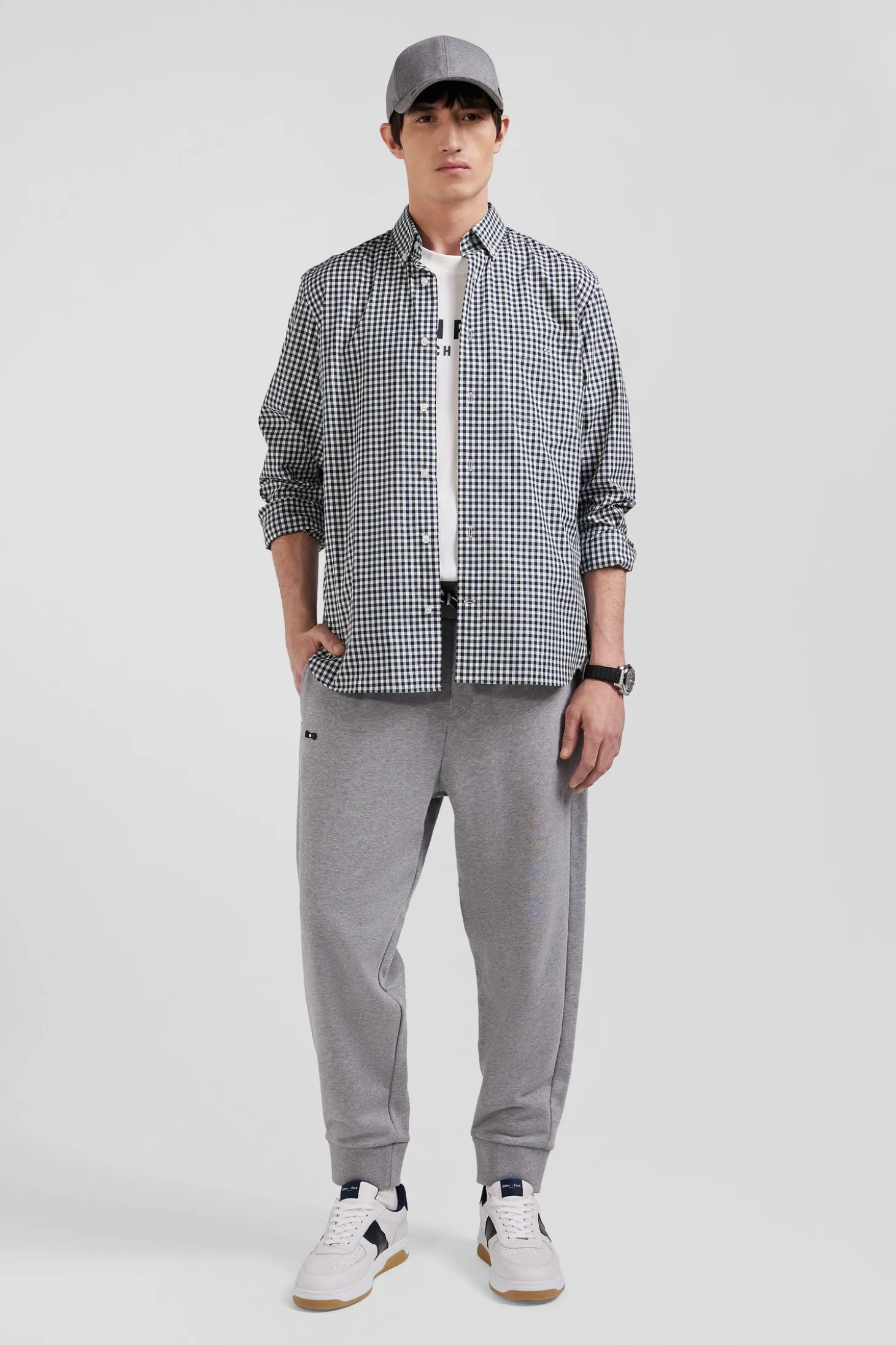 Chemise en popeline de coton vert à carreaux bicolore coupe Regular