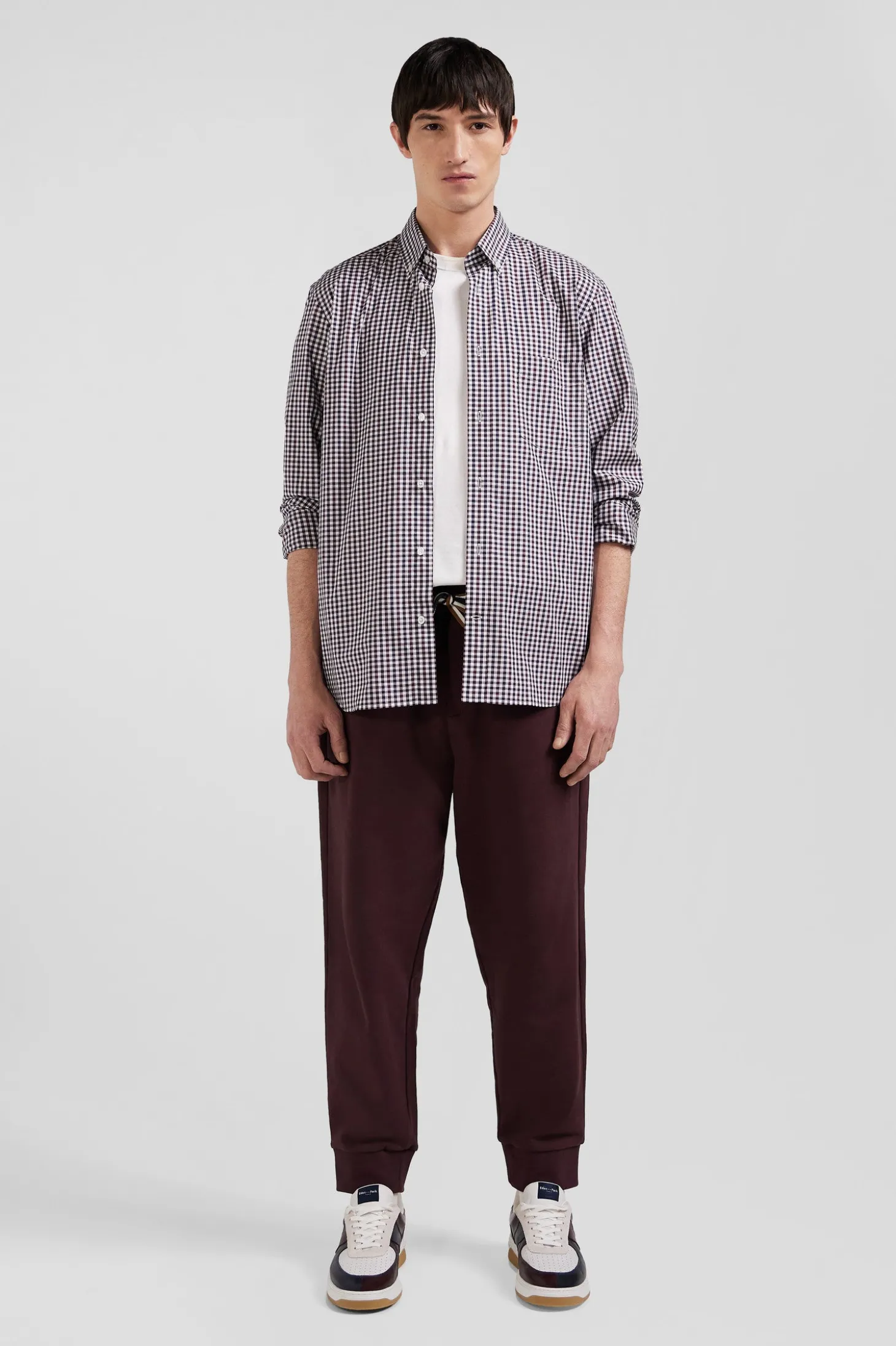 Chemise en popeline de coton bordeaux à carreaux bicolore coupe Regular