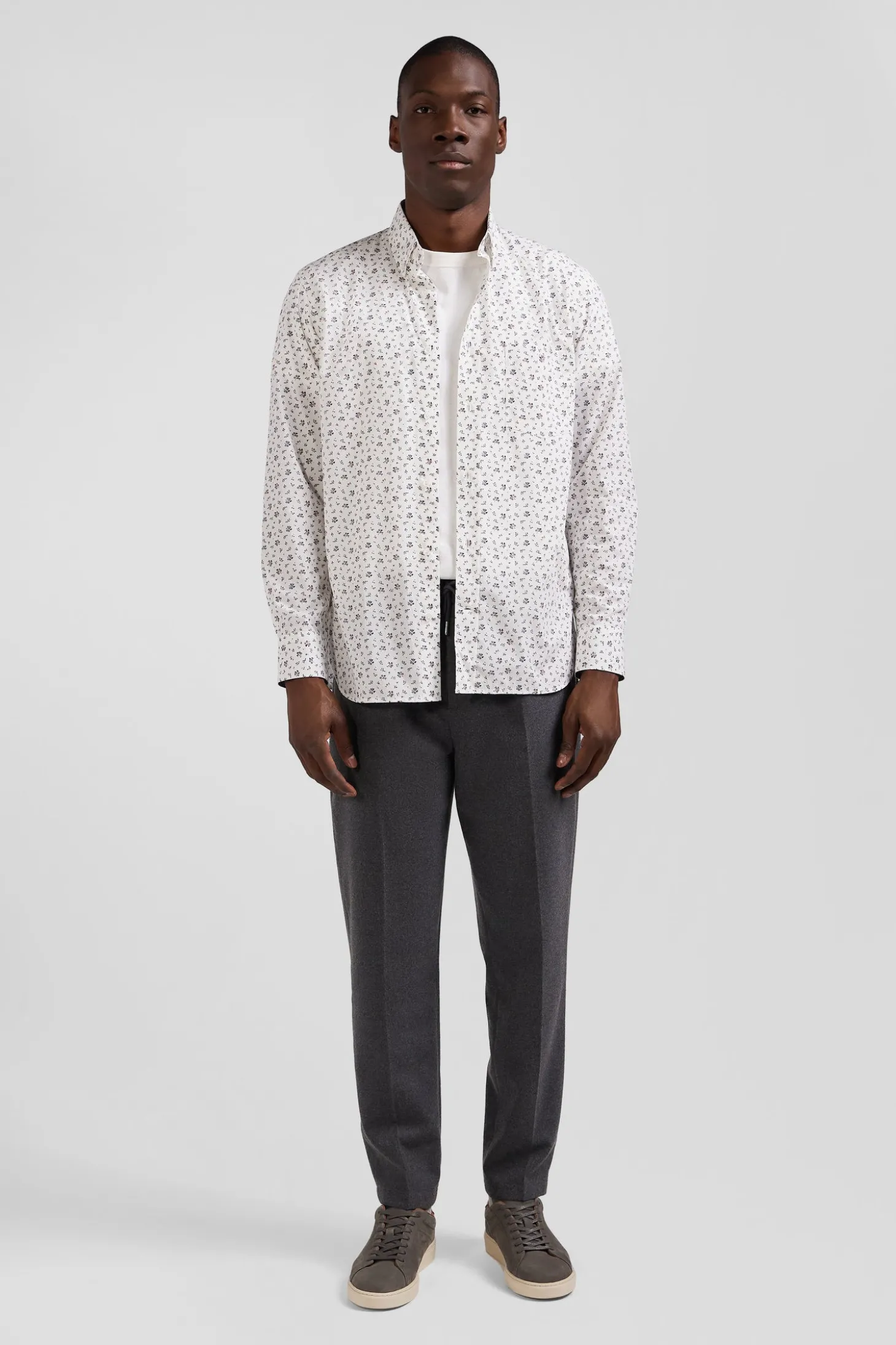 Chemise en popeline de coton écrue à microimprimé fleurs coupe Regular