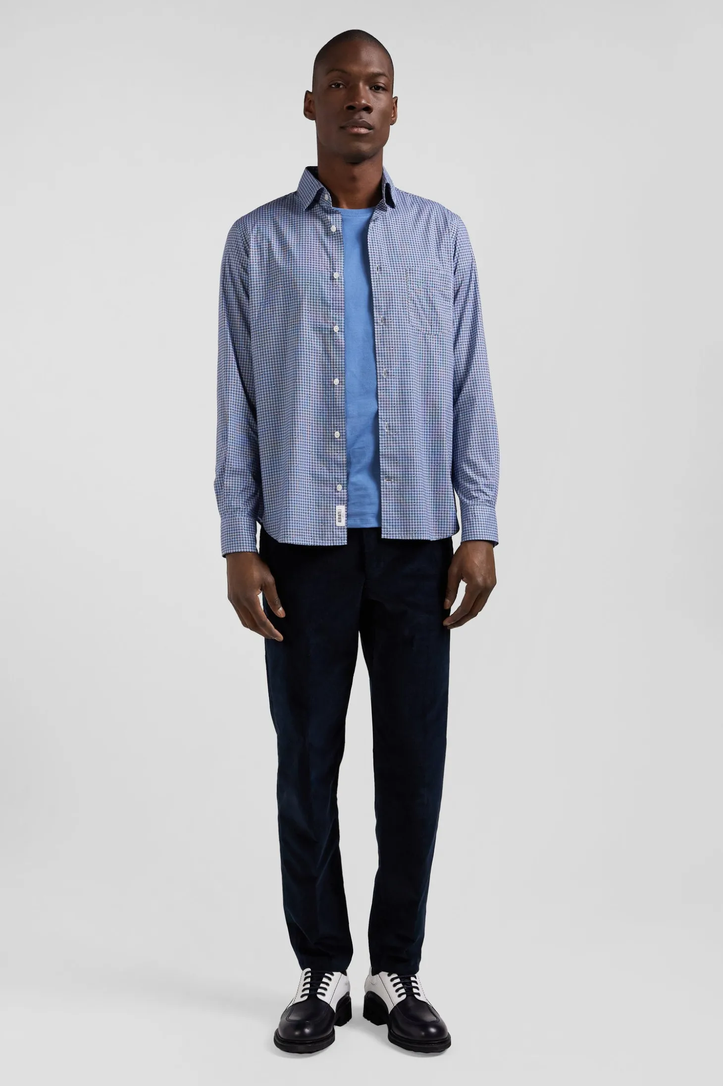 Chemise en popeline de coton bleu imprimé graphique coupe Slim
