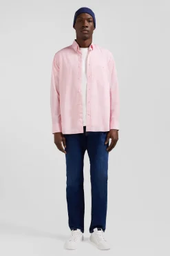 Chemise en popeline de coton rose col boutonné et coudières imprimées coupe Regular