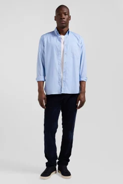 Chemise en popeline de coton ciel col boutonné et coudières imprimées coupe Regular