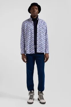 Chemise en popeline de coton bleue imprimé floral coupe Regular