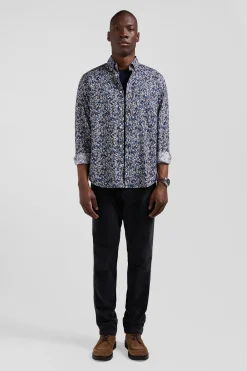 Chemise en popeline de coton Pima bleu marine microimprimé floral coupe Regular