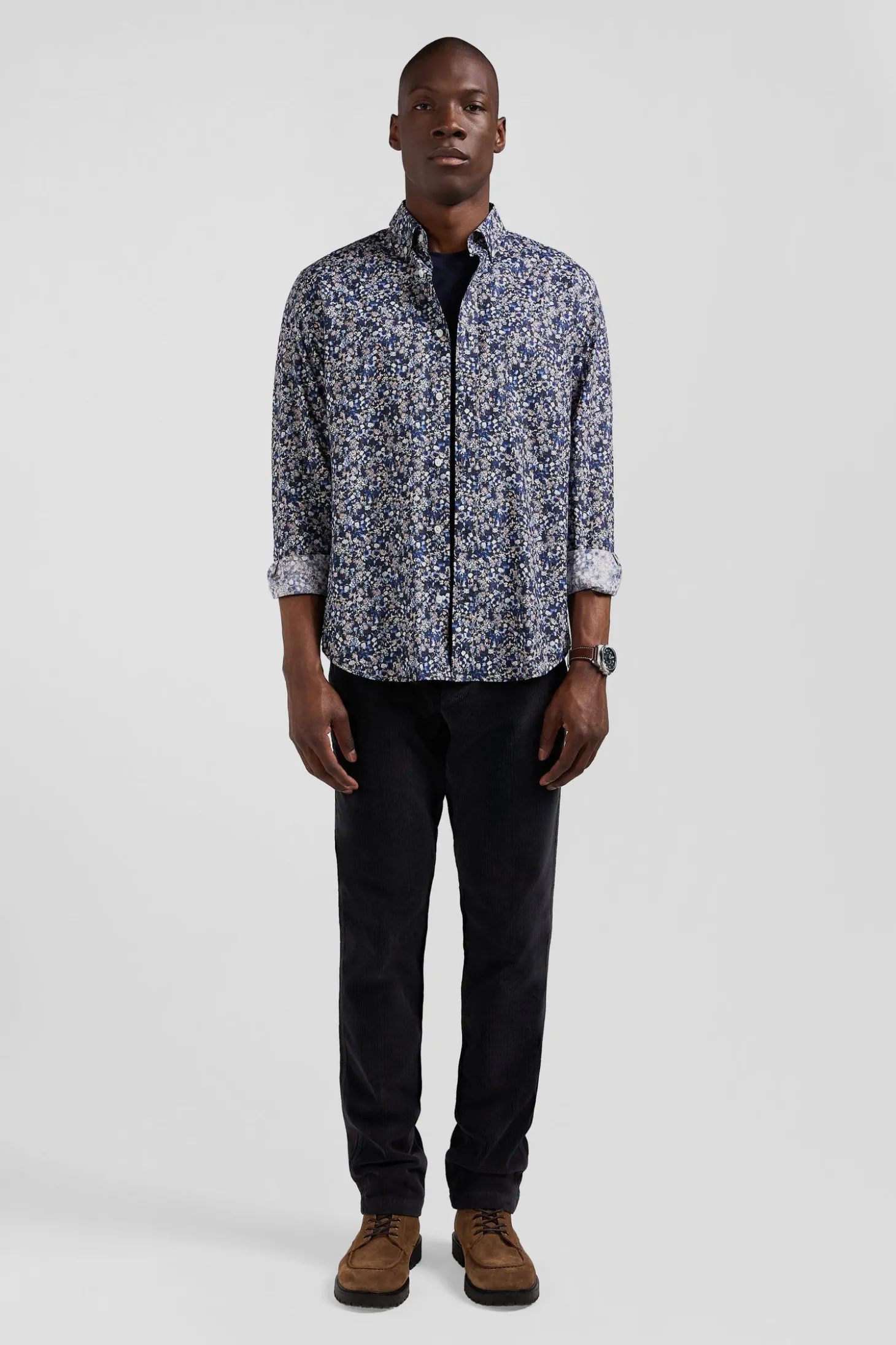 Chemise en popeline de coton Pima bleu marine microimprimé floral coupe Regular