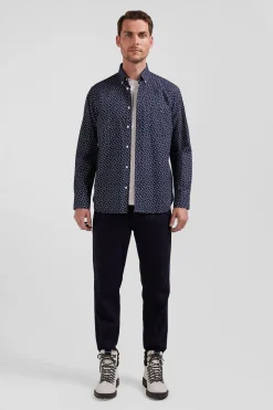 Chemise en popeline de coton bleu marine microimprimé nœud papillon coupe Regular