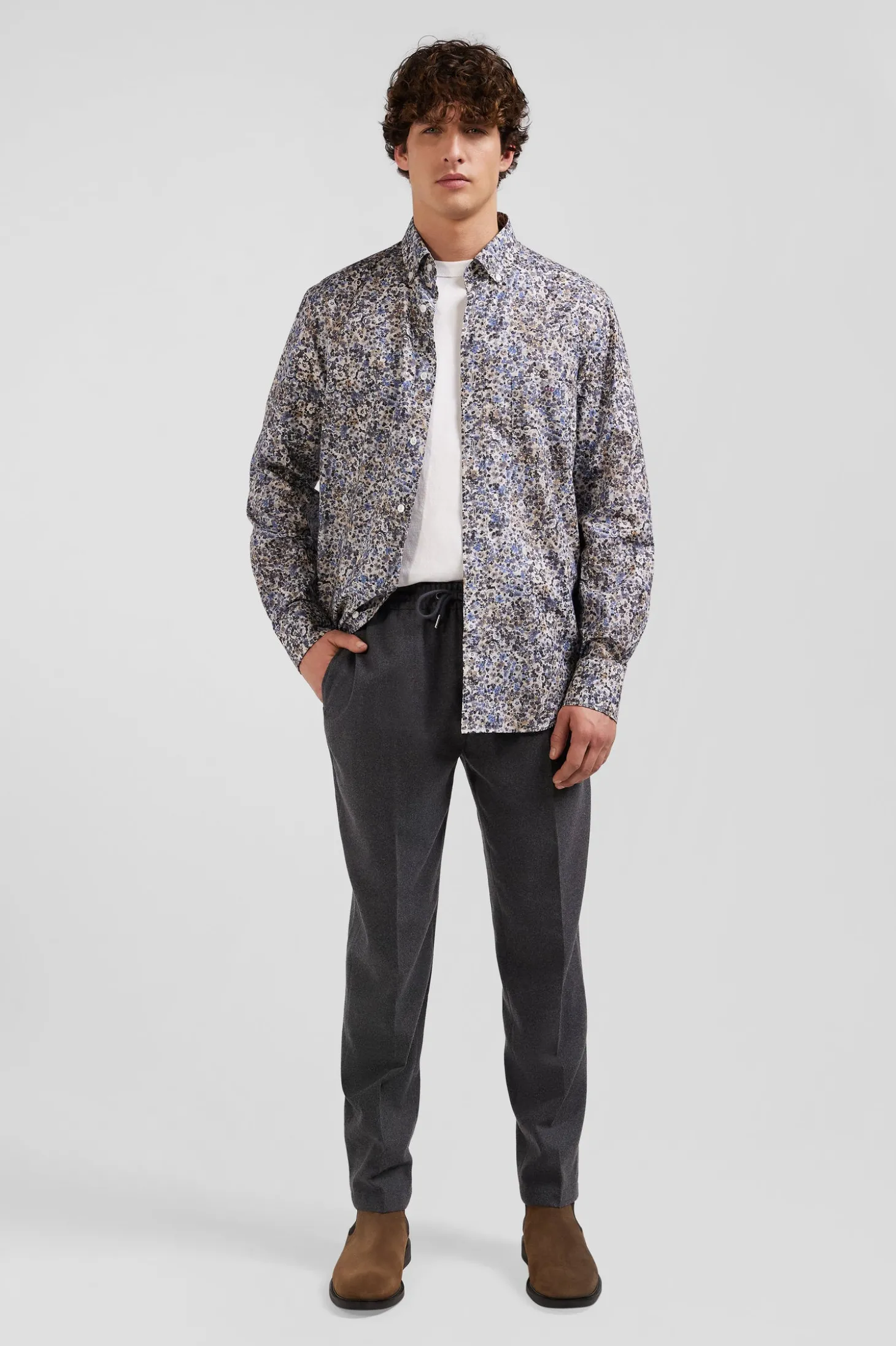 Chemise en popeline de coton écrue microimprimé floral coupe Regular