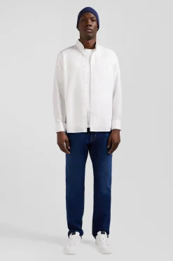 Chemise en popeline de coton blanche col boutonné et coudières imprimées coupe Regular