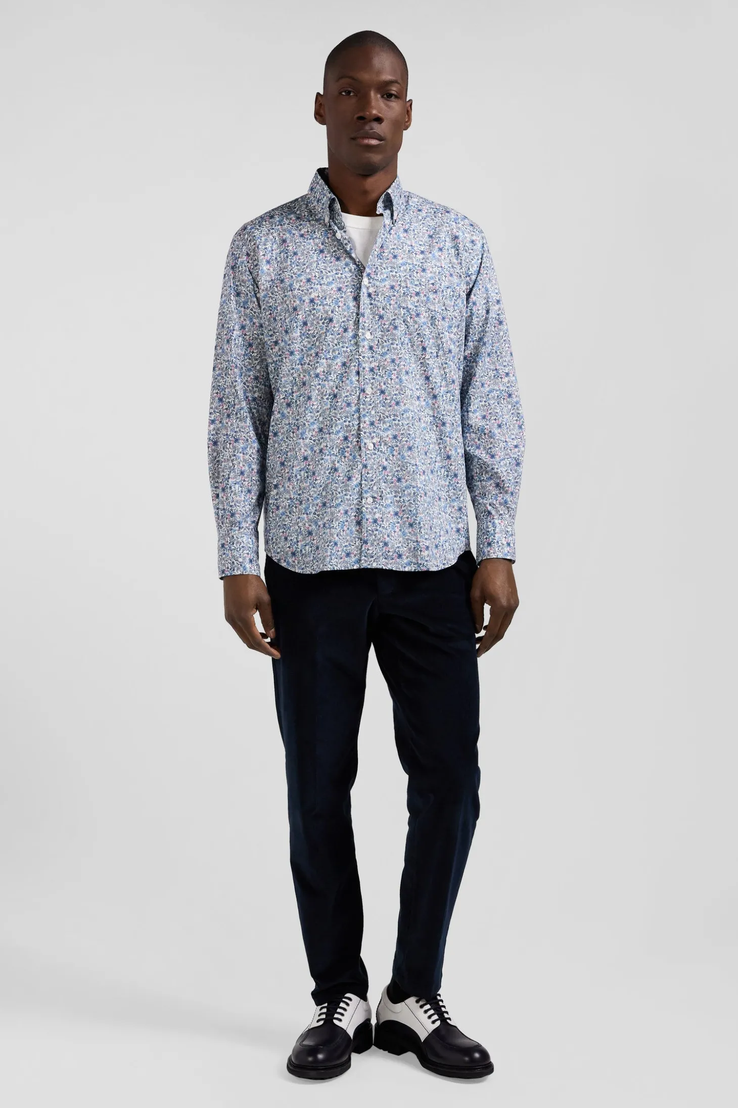 Chemise en popeline de coton ciel microimprimé floral coupe Regular