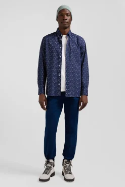 Chemise en popeline de coton bleu marine à microimprimé fleurs coupe Regular
