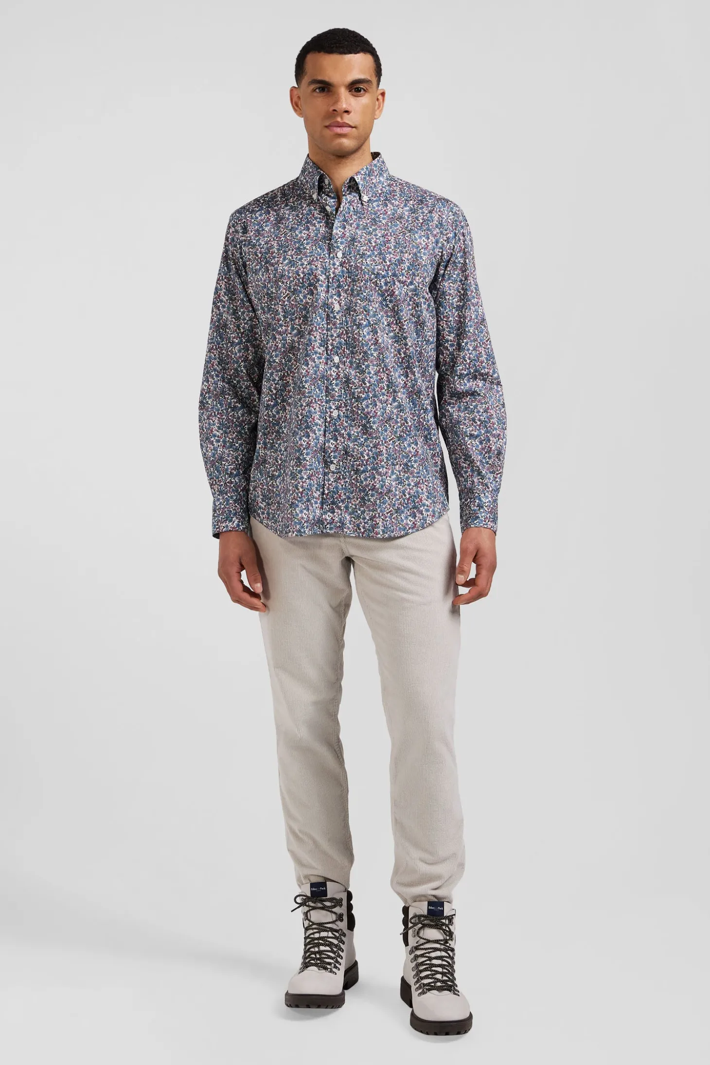 Chemise en popeline de coton bleue à imprimé floral coupe Regular