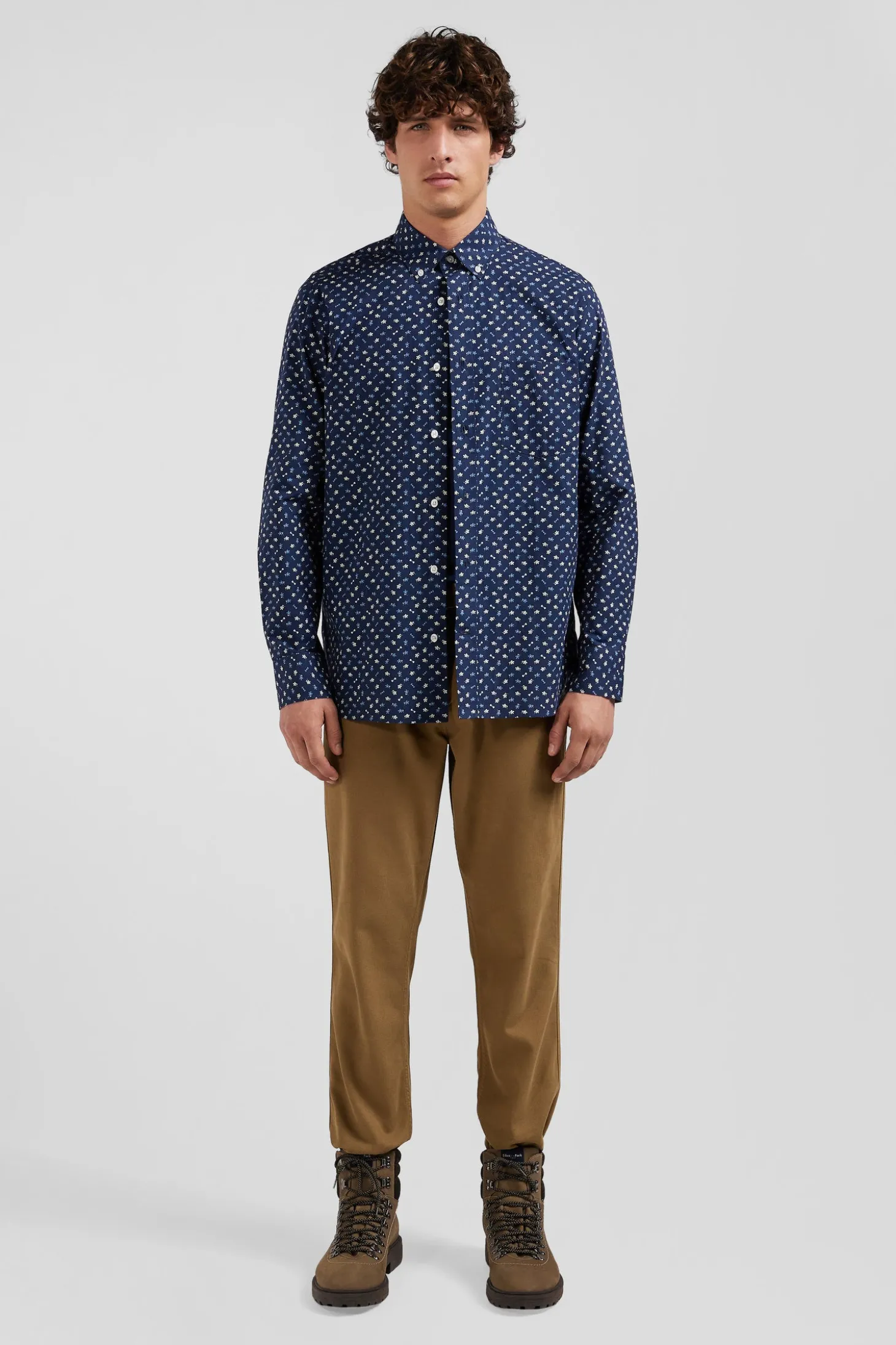 Chemise en popeline de coton bleu marine microimprimé floral coupe Regular