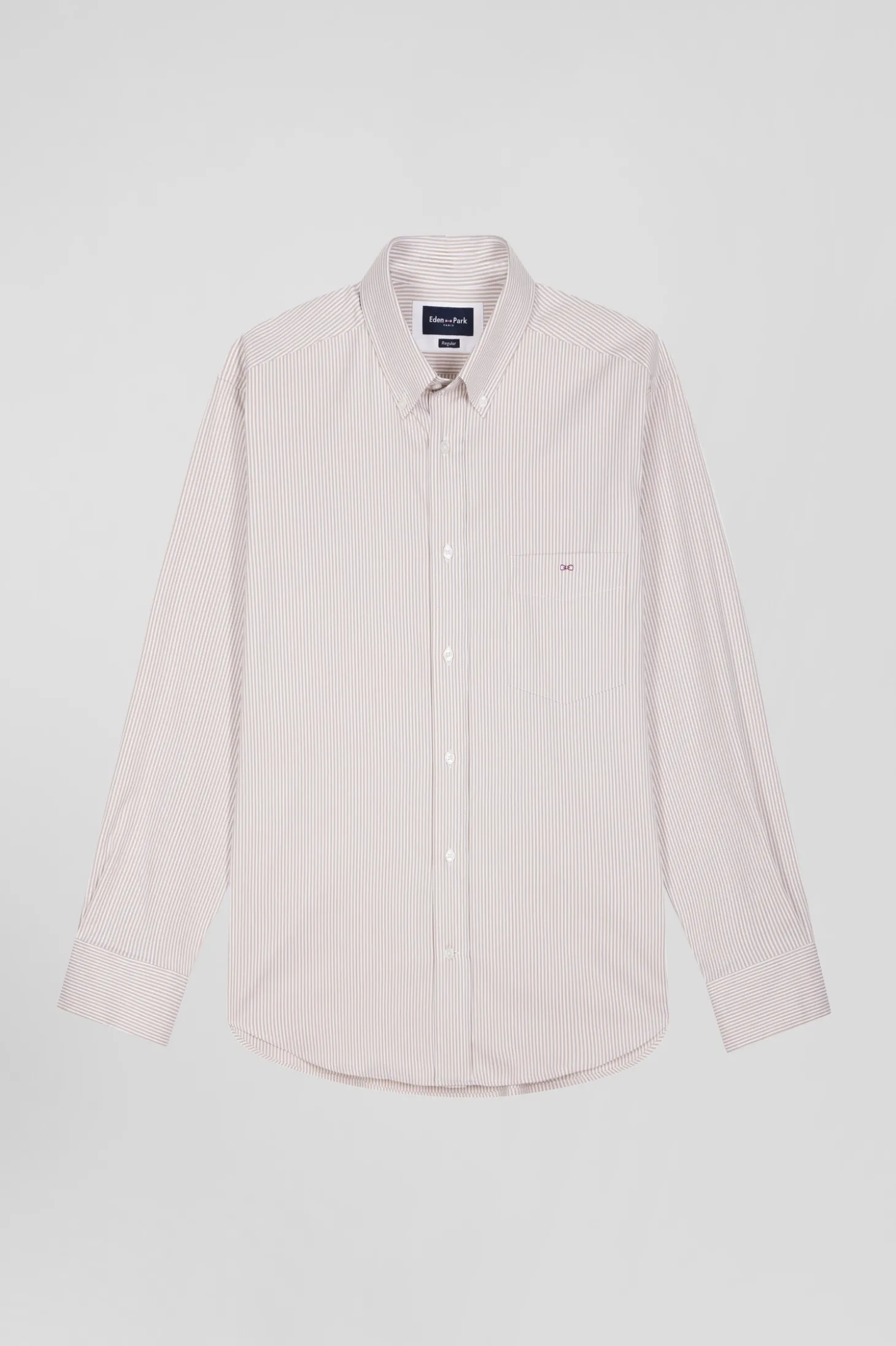Chemise en popeline de coton beige à rayures bâton coupe Regular