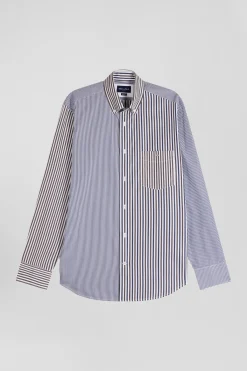 Chemise en popeline de coton marron rayures mix and match coupe Regular