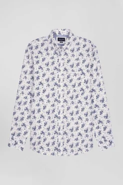 Chemise en popeline de coton écrue imprimé floral marine coupe Regular