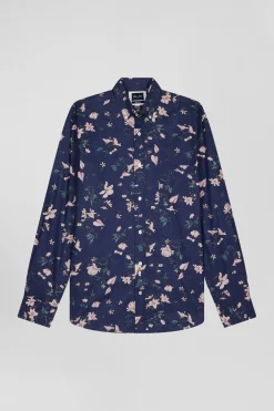 Chemise en popeline de coton Pima marine imprimé floral coupe Regular