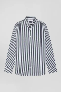 Chemise en popeline de coton à rayures verte coupe Regular