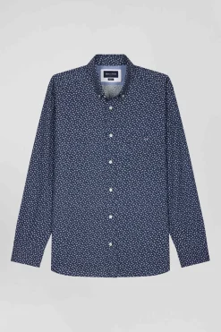 Chemise en popeline de coton bleu marine à microimprimé floral coupe Regular