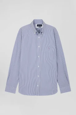 Chemise en popeline de coton bleu marine à rayures bâton coupe Regular